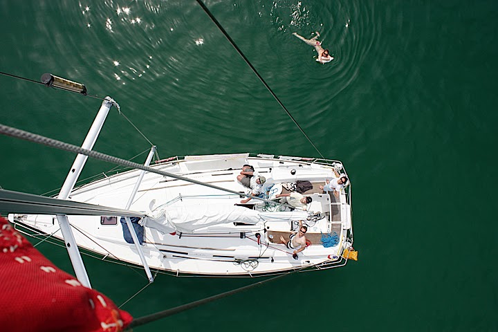 vue du voilier de la tête du mat et homme à la mer